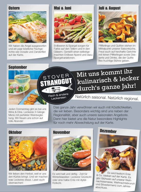 Saisonkalender 2026 - Speisenangebot im Restaurant Stover Strandgut bei Stover Strand Camping an der Elbe